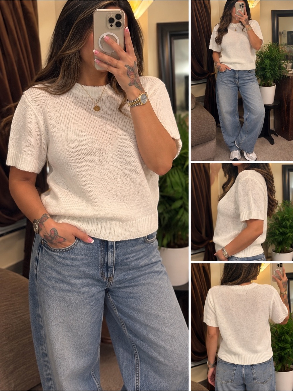 DUOFEIYAN Ivory Knit Wool Blend Short Sleeve Sweater Top NWT Feminine Classic